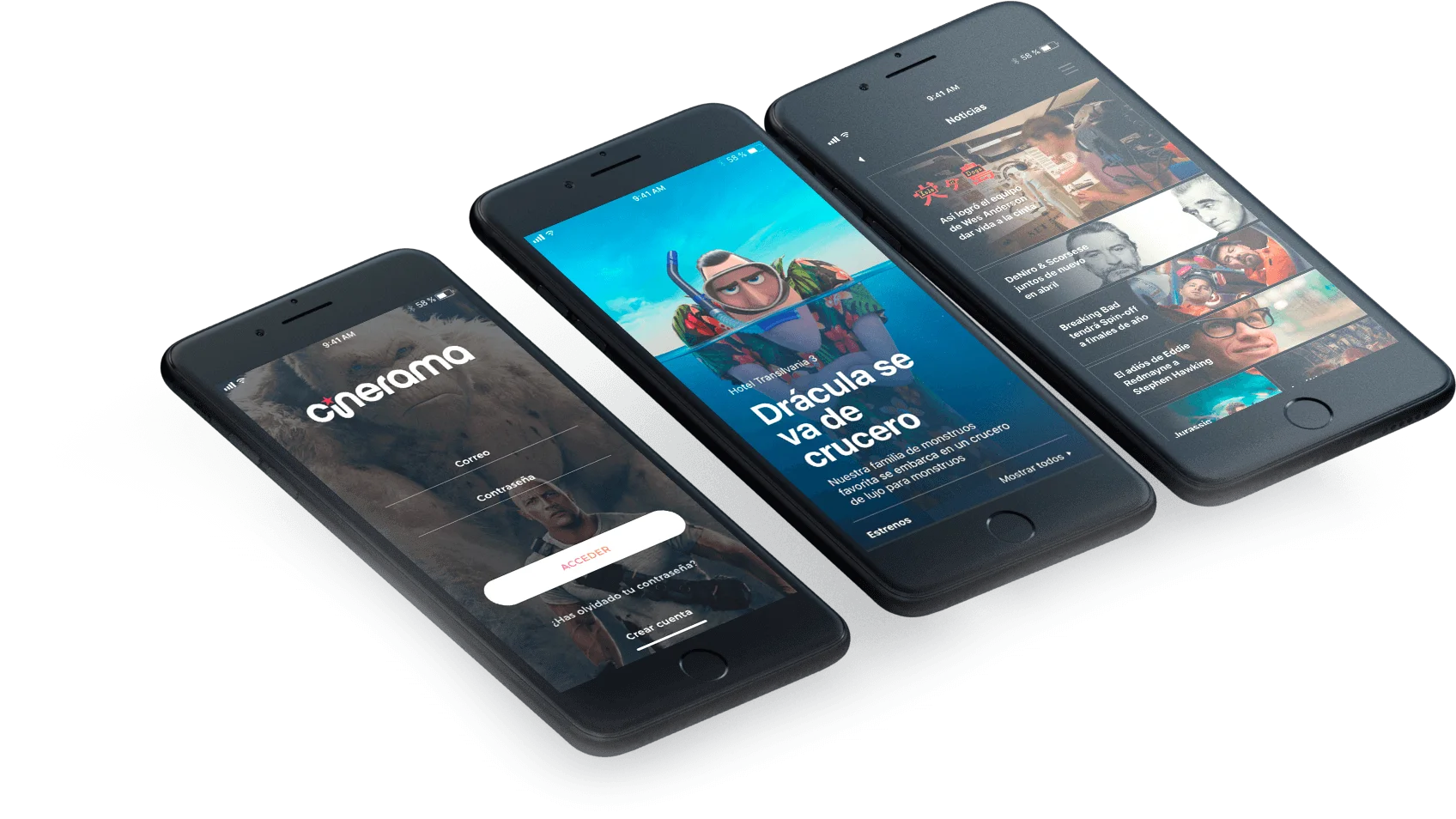 Diseño de Cinerama en tres móviles: acceso, estreno destacado y noticias