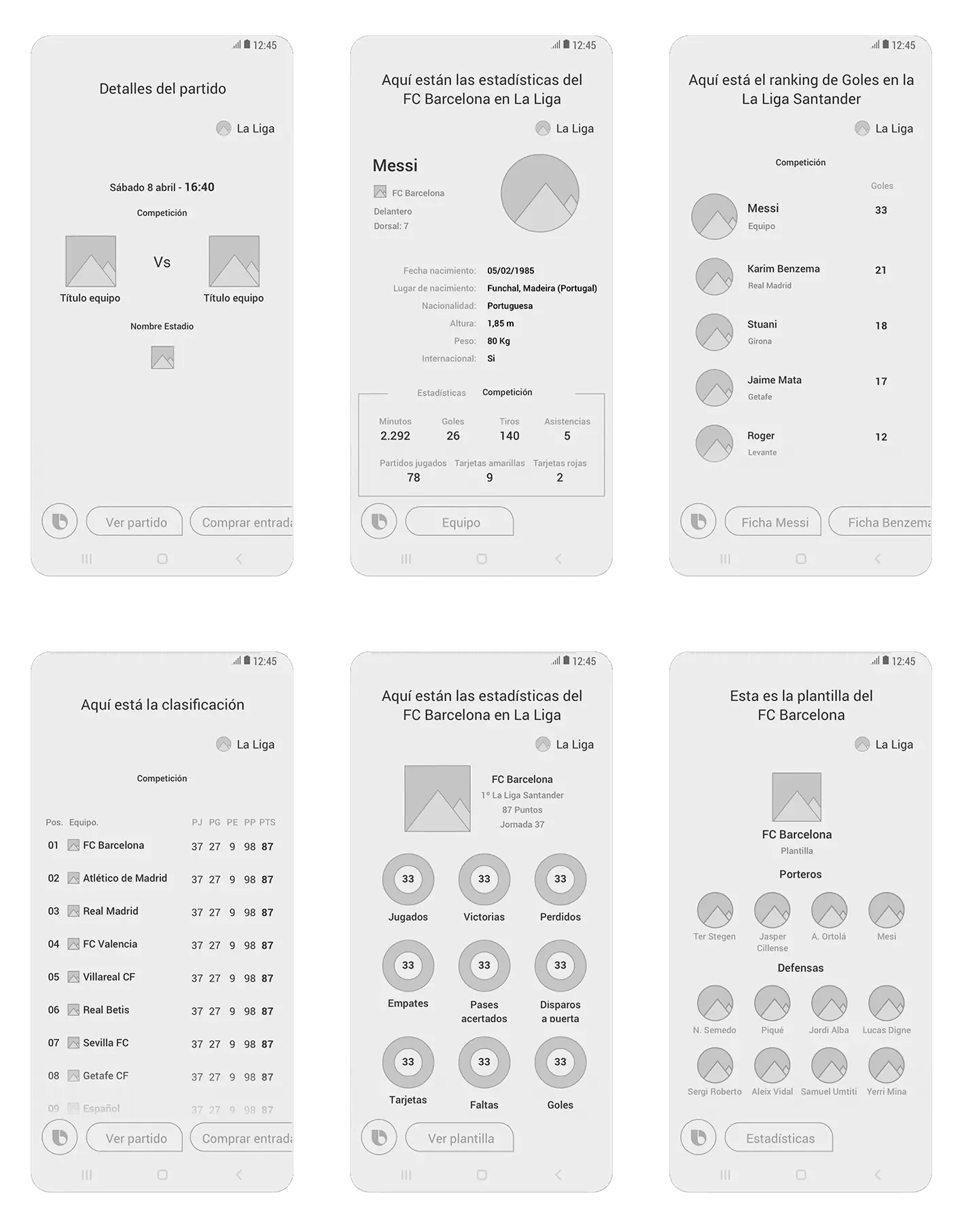 Wireframes móviles de la cápsula de La Liga: partidos, equipos y clasificaciones