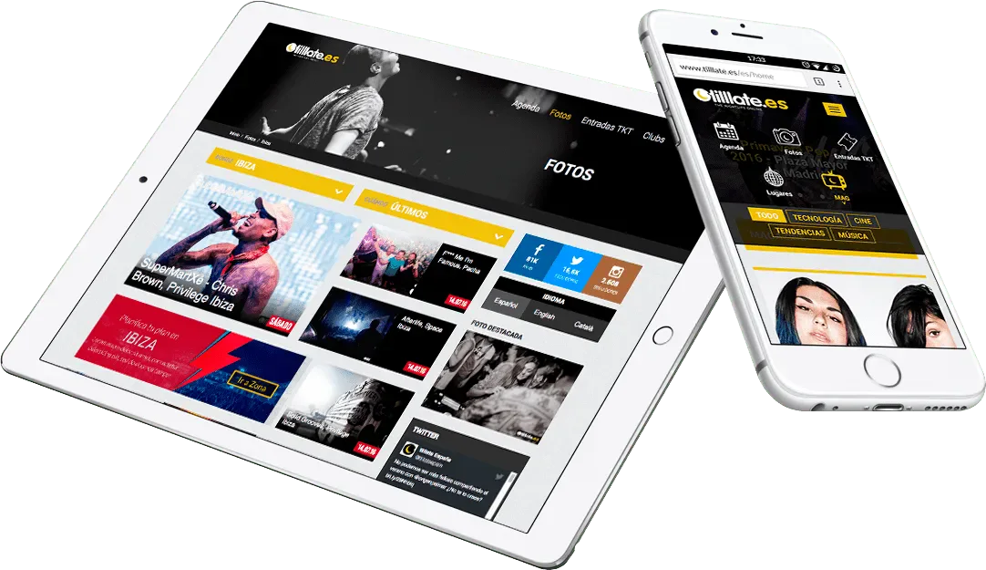Rediseño de Tilllate mostrado en tablet y móvil con galerías fotográficas