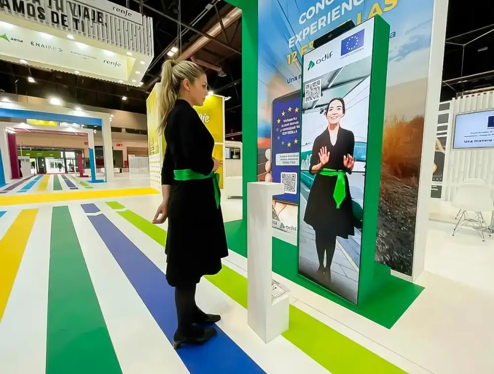 Azafata virtual en pantalla vertical controlada con Leap Motion en el stand de MITMA
