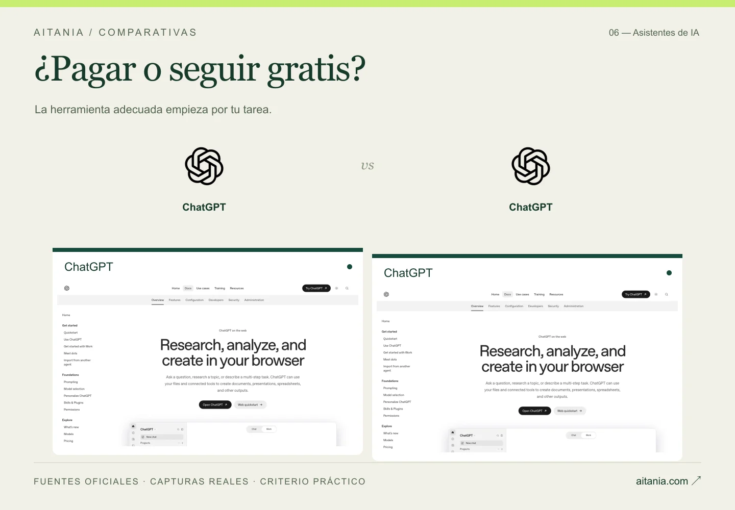 ¿Pagar o seguir gratis?: ChatGPT, ChatGPT. Composición editorial con logos y capturas oficiales.