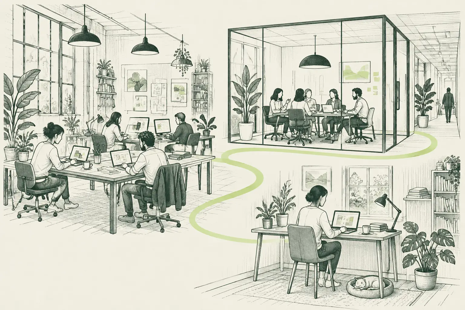 Tres espacios de trabajo: un estudio con varias mesas, una oficina con sala de reuniones y un escritorio en casa, unidos por un camino verde lima.