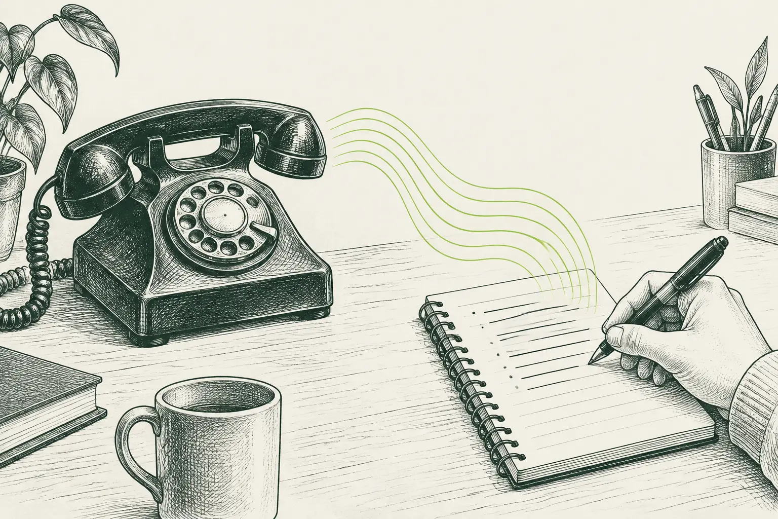 Teléfono clásico de sobremesa con ondas finas que llegan a un cuaderno donde se escribe un mensaje, con un acento verde lima.