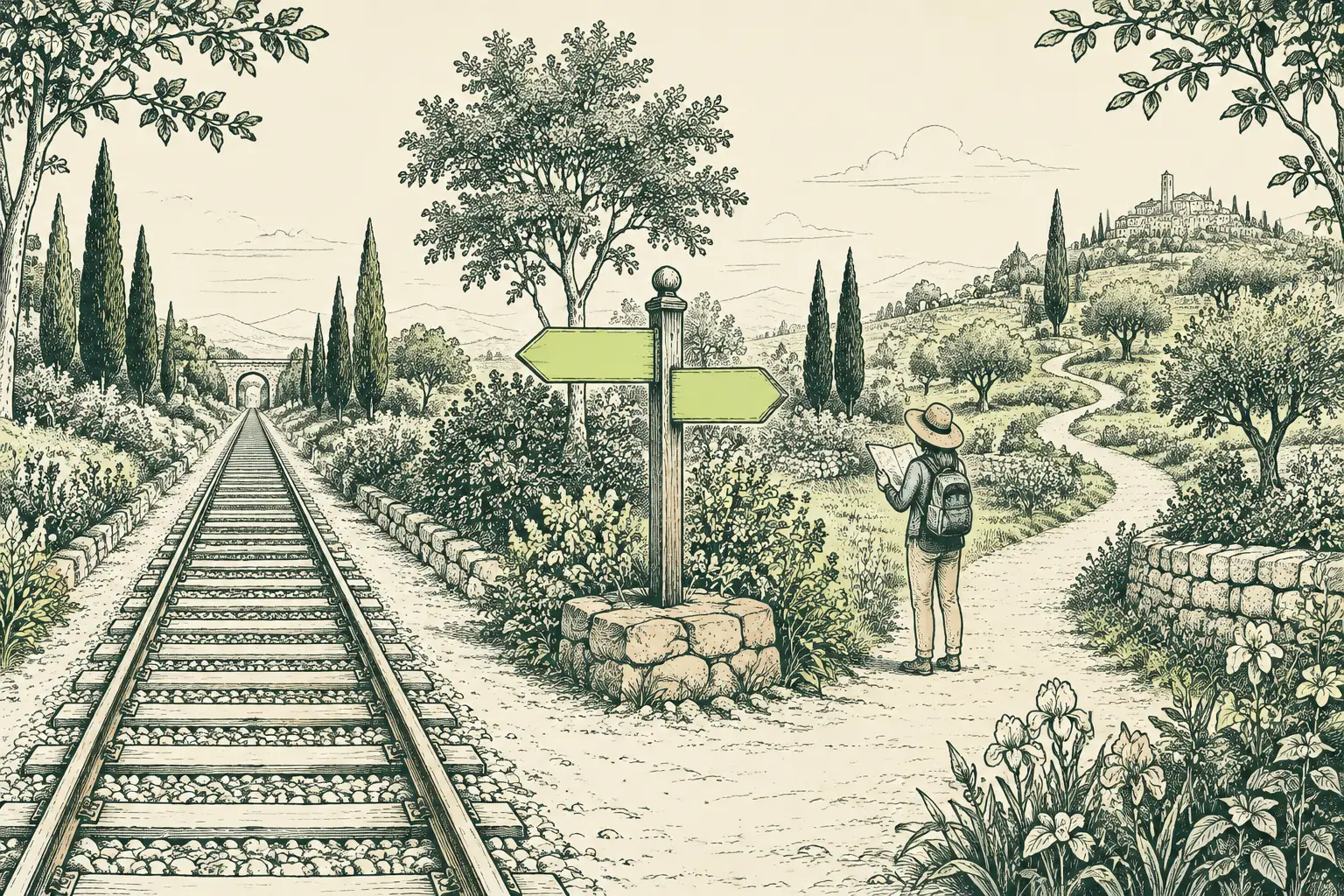 Un sendero de jardín se divide: un camino sigue una vía recta y otro serpentea junto a un guía con un mapa y un poste verde lima.
