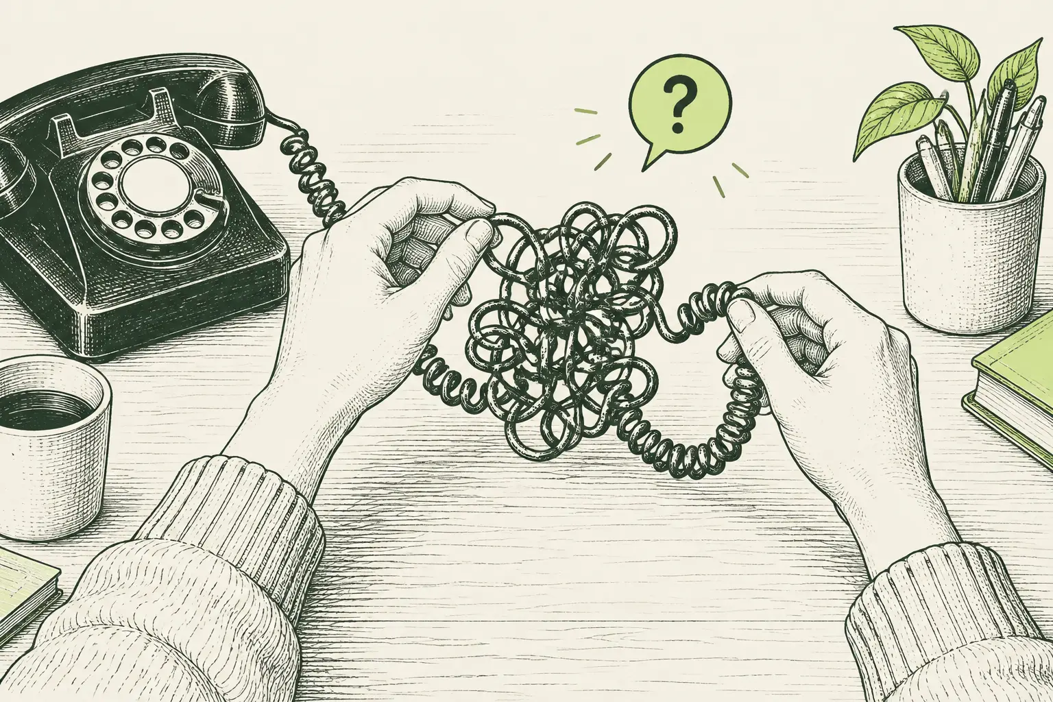 Dos manos desenredan con paciencia un cable telefónico sobre un escritorio; aparece una pequeña burbuja con un signo de interrogación y un acento verde lima.