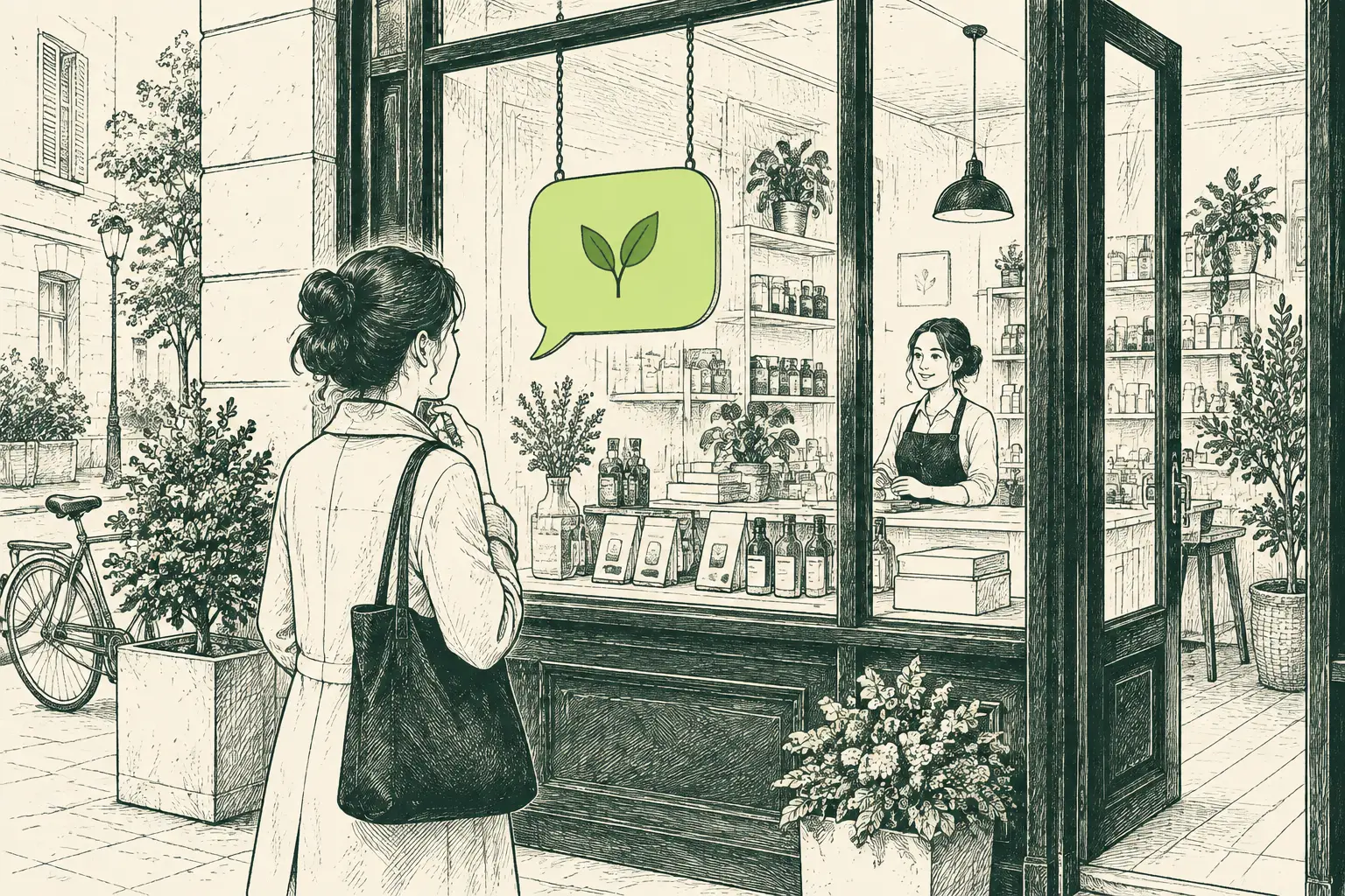 Escaparate con un pequeño cartel verde lima en forma de bocadillo, una persona leyéndolo y un empleado visible en el interior.