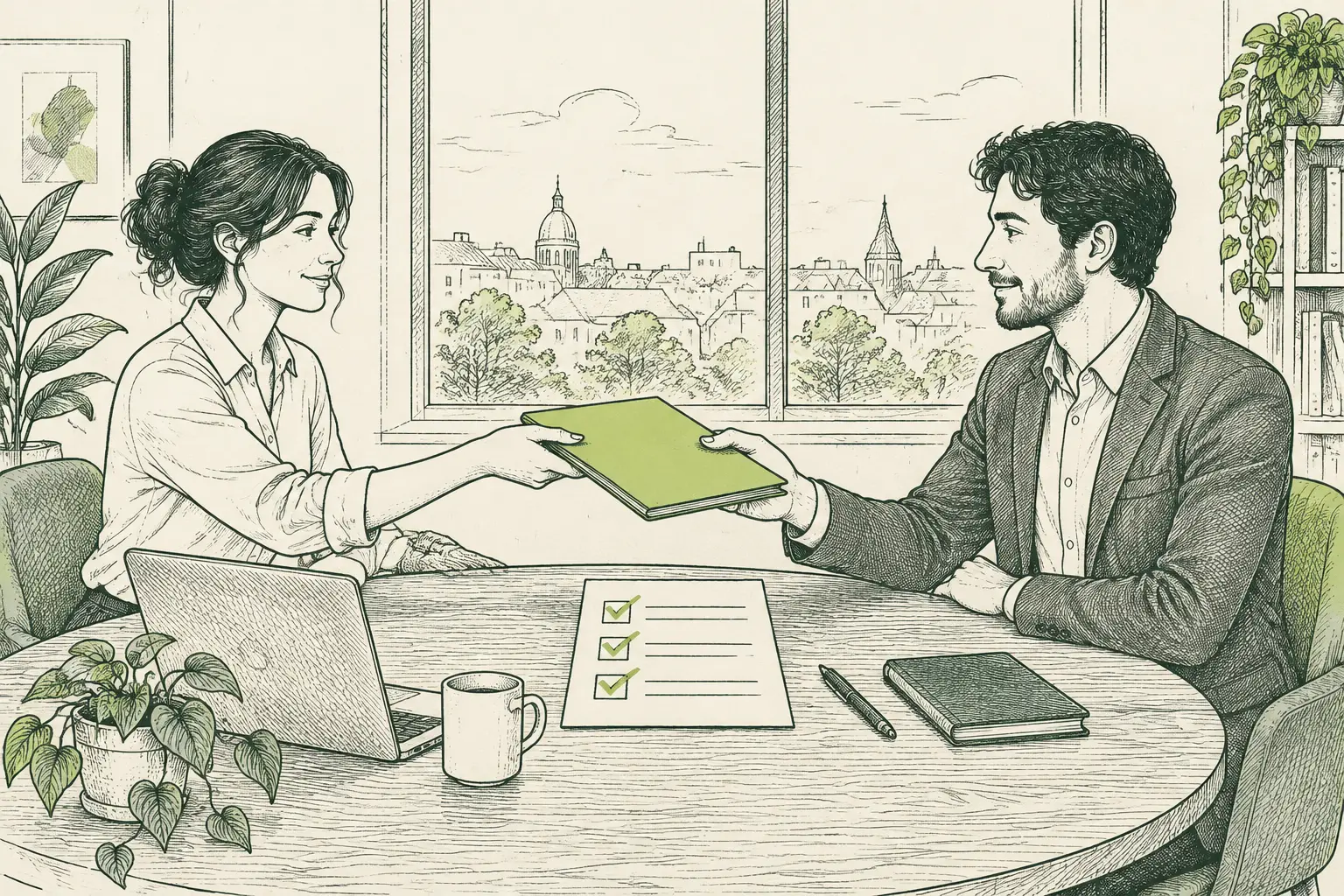 Dos personas intercambian una carpeta en una mesa de reunión; entre ellas hay una lista de comprobación con marcas verdes y, detrás, una ventana.