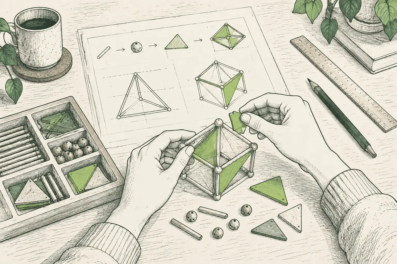 Mesa de trabajo con un plano marcado con iconos, piezas que forman una figura geométrica, una regla y un lápiz con detalles en verde lima