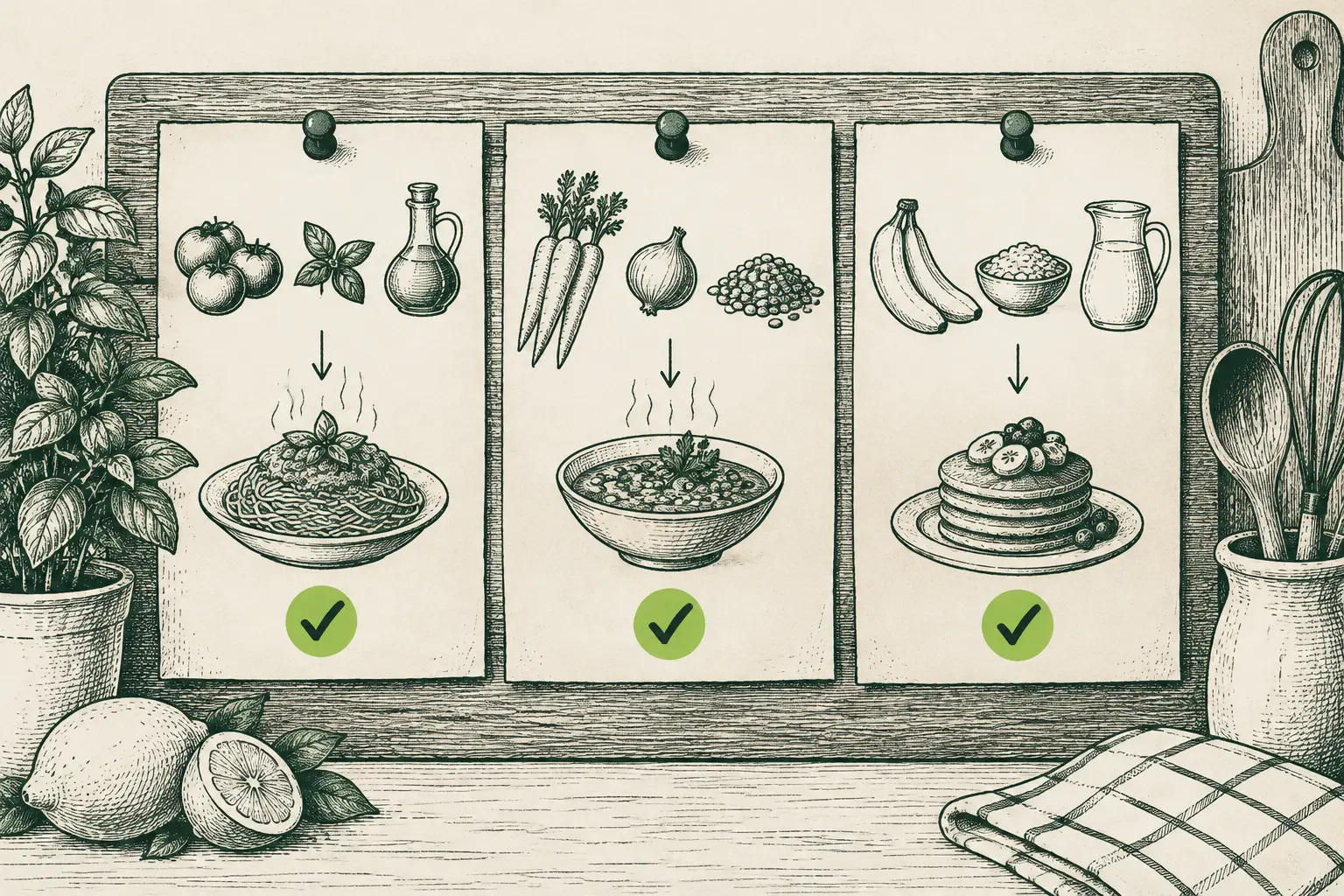 Tres tarjetas de recetas sujetas a un panel de cocina, cada una con un flujo sencillo de iconos y marcas verdes lima.