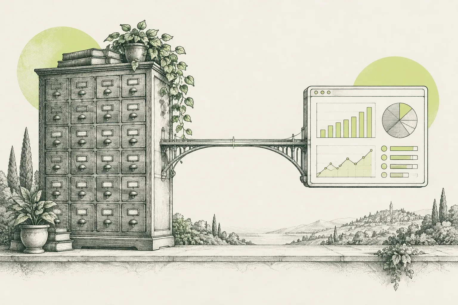 Un archivo de empresa se conecta mediante un puente a un panel de análisis.