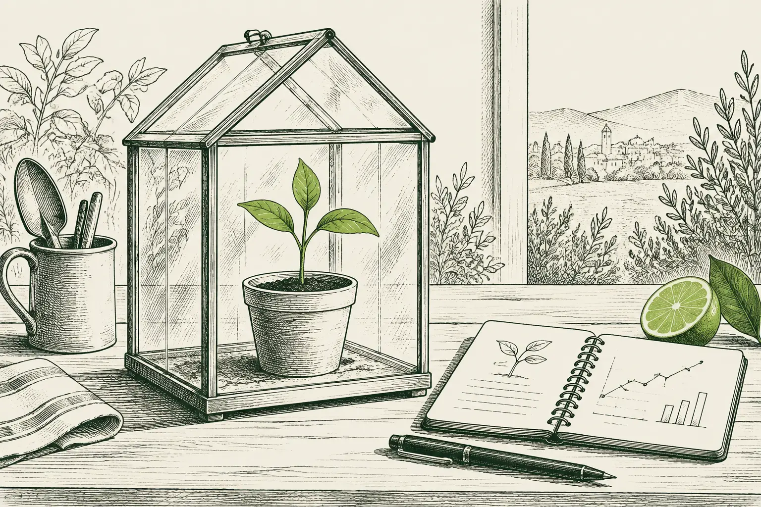 Un pequeño invernadero con un brote en una maceta bajo observación y un cuaderno de mediciones al lado; hoja verde lima.