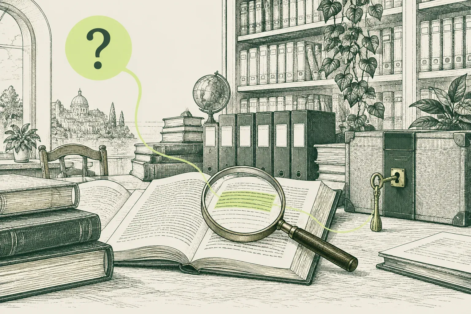 Una lupa sigue un hilo desde una pregunta hasta un párrafo destacado de una biblioteca documental; una llave protege el archivo restringido.