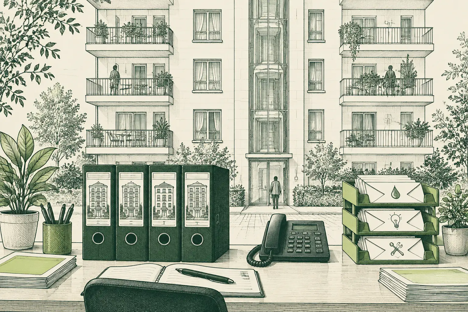 Ilustración a plumilla de un edificio de viviendas y la mesa de un administrador de fincas con avisos de vecinos clasificados por tipo.