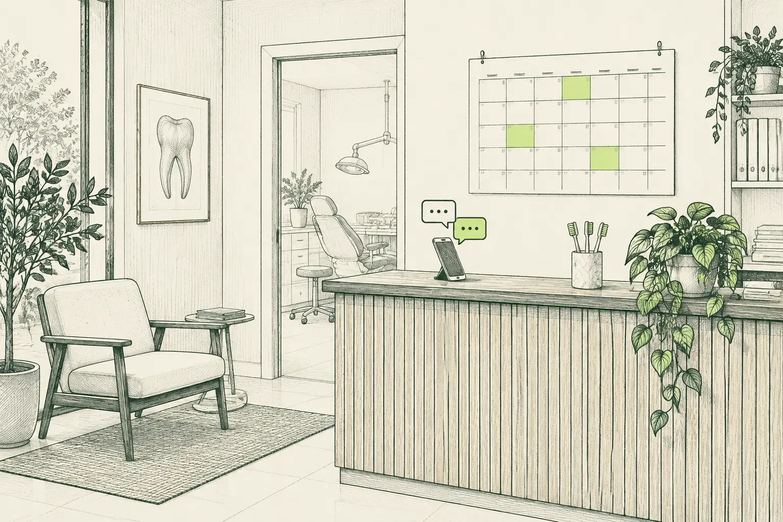 Ilustración a plumilla de la recepción de una clínica con un calendario de citas y un móvil que intercambia mensajes con él.