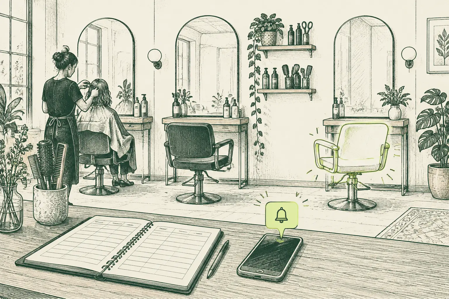 Ilustración a plumilla de una peluquería con el libro de citas y un móvil que envía un recordatorio.