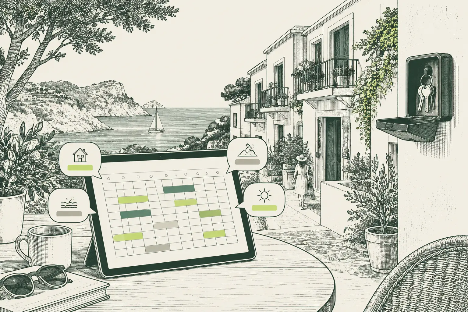 Ilustración a plumilla de apartamentos vacacionales junto al mar y una tableta con un calendario que unifica reservas de varias fuentes.