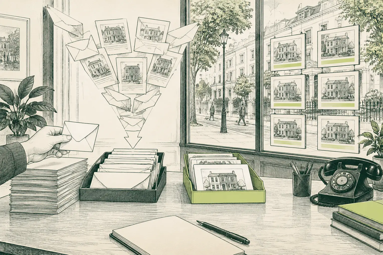 Ilustración a plumilla del escaparate de una inmobiliaria y una mesa donde las consultas se ordenan en dos bandejas.