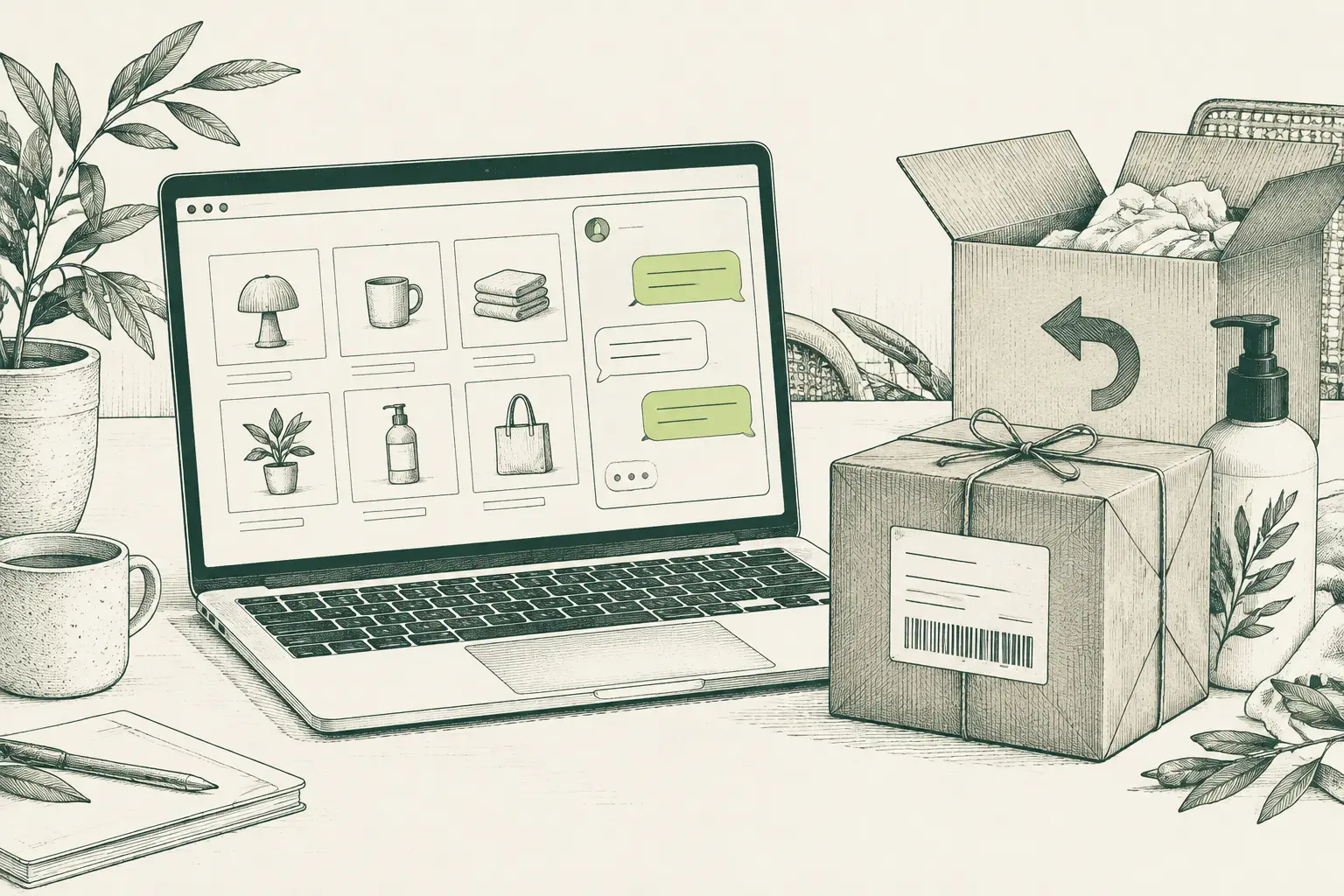 Ilustración a plumilla de un portátil con una tienda online y una ventana de chat junto a un paquete listo para enviar.