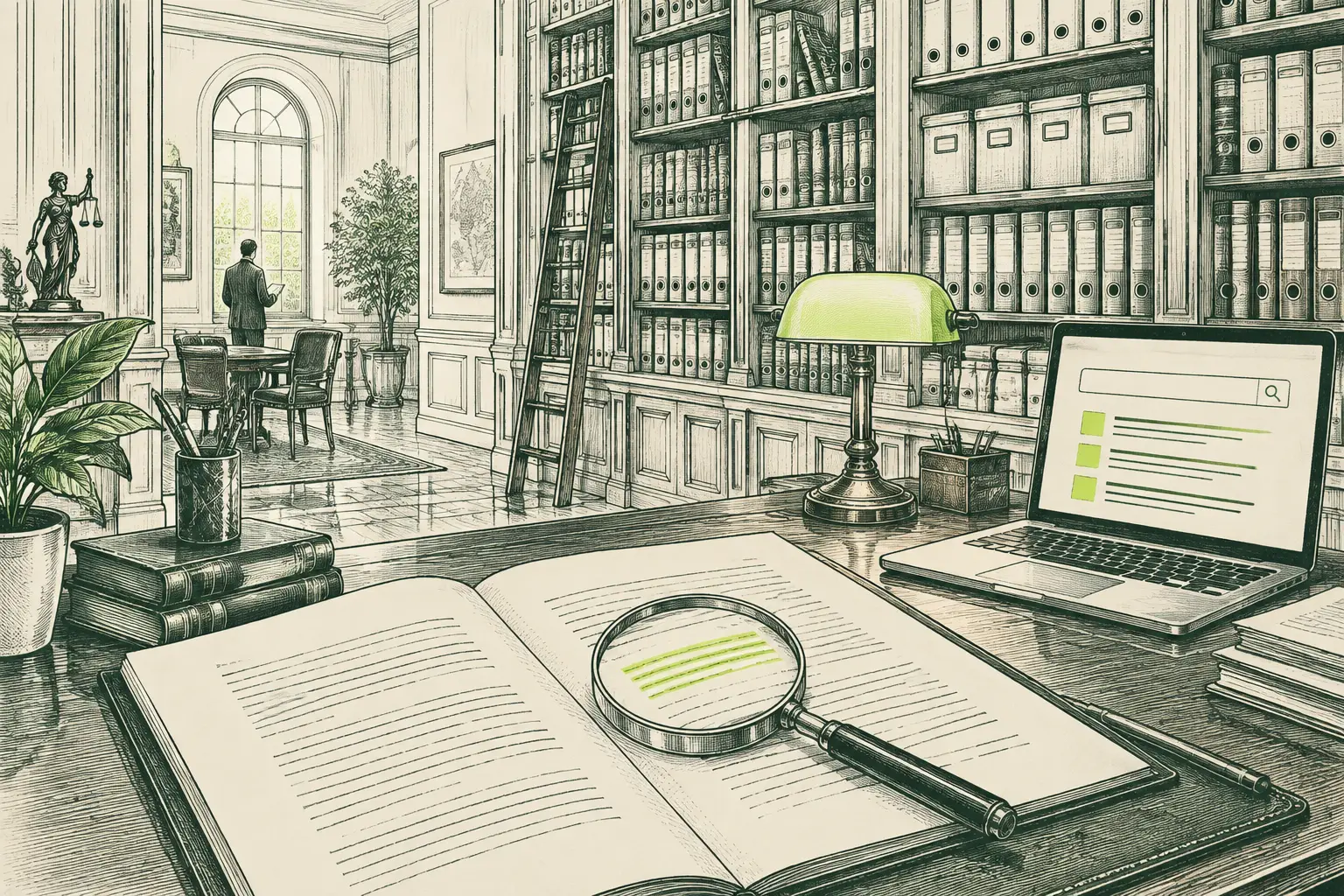 Ilustración a plumilla de la biblioteca de un despacho con archivadores y un contrato abierto donde una lupa destaca una cláusula.