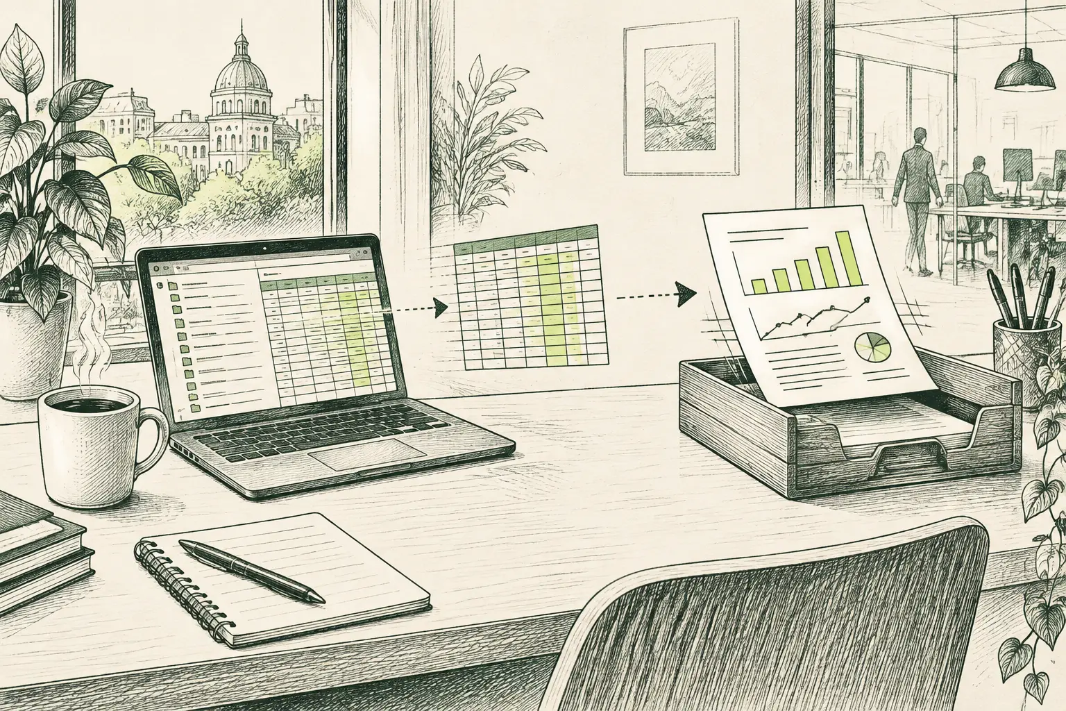 Ilustración a plumilla de una mesa de oficina un lunes por la mañana con una hoja de cálculo y un informe con gráficos que llega solo a la bandeja del gerente.