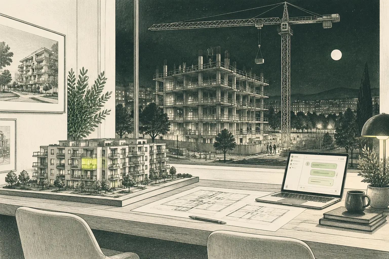 Ilustración a plumilla de una promoción de obra nueva en construcción y la mesa de ventas con la maqueta y un portátil con un chat.