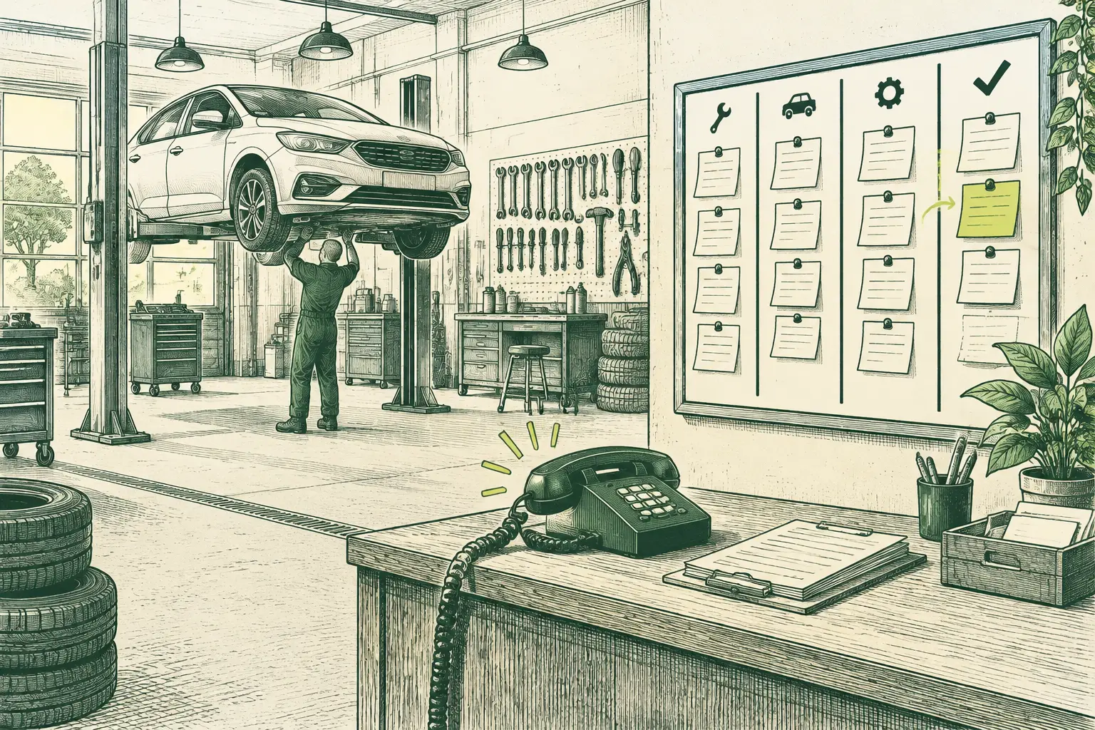 Ilustración a plumilla de un taller mecánico con un coche elevado, un teléfono sonando y un tablero con el estado de cada reparación.