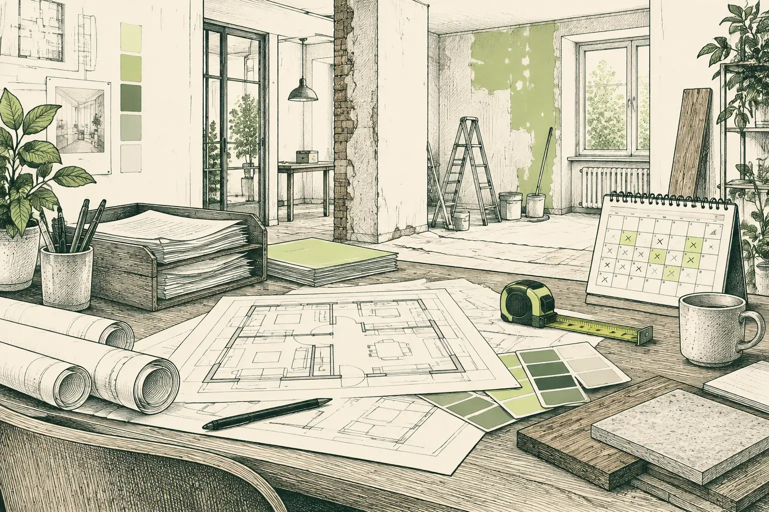 Ilustración a plumilla de la mesa de una empresa de reformas con planos, muestras de color y peticiones de presupuesto ordenadas.