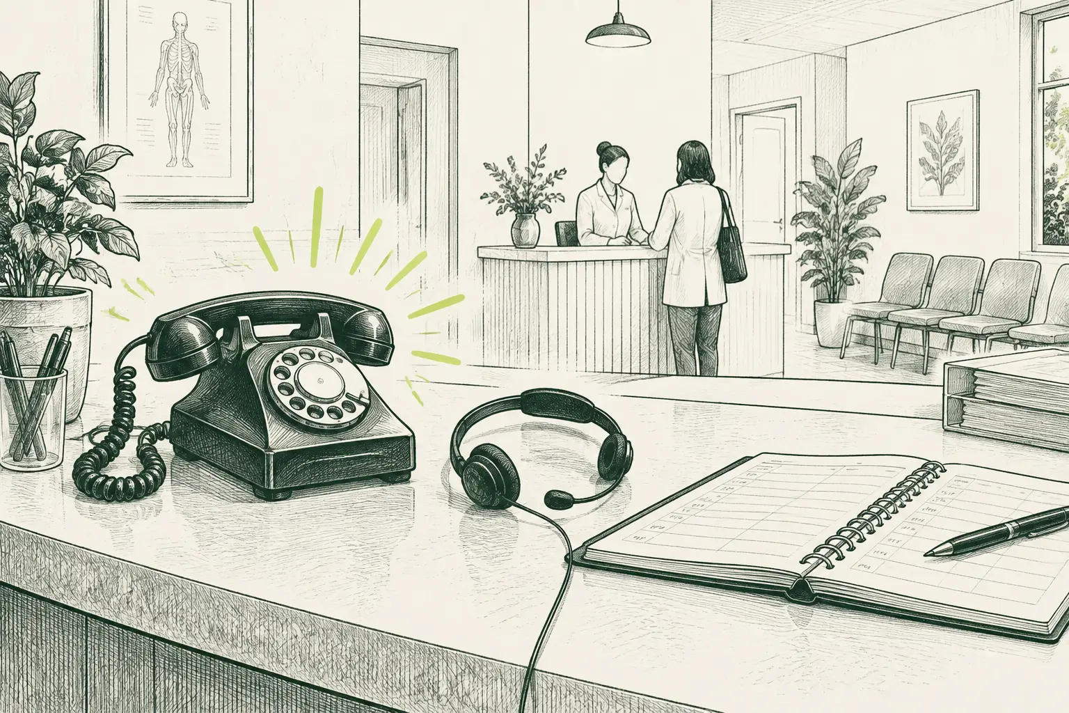 Ilustración a plumilla de un teléfono sonando en la recepción de una clínica mientras la recepcionista atiende a un paciente.
