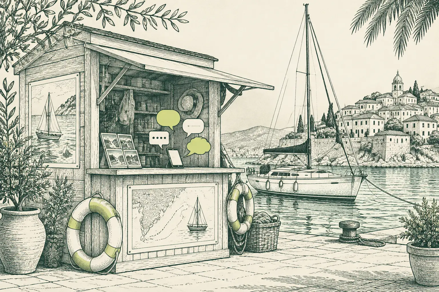 Ilustración a plumilla de un quiosco de excursiones en barco en un puerto, con un móvil del que salen mensajes en varios idiomas.