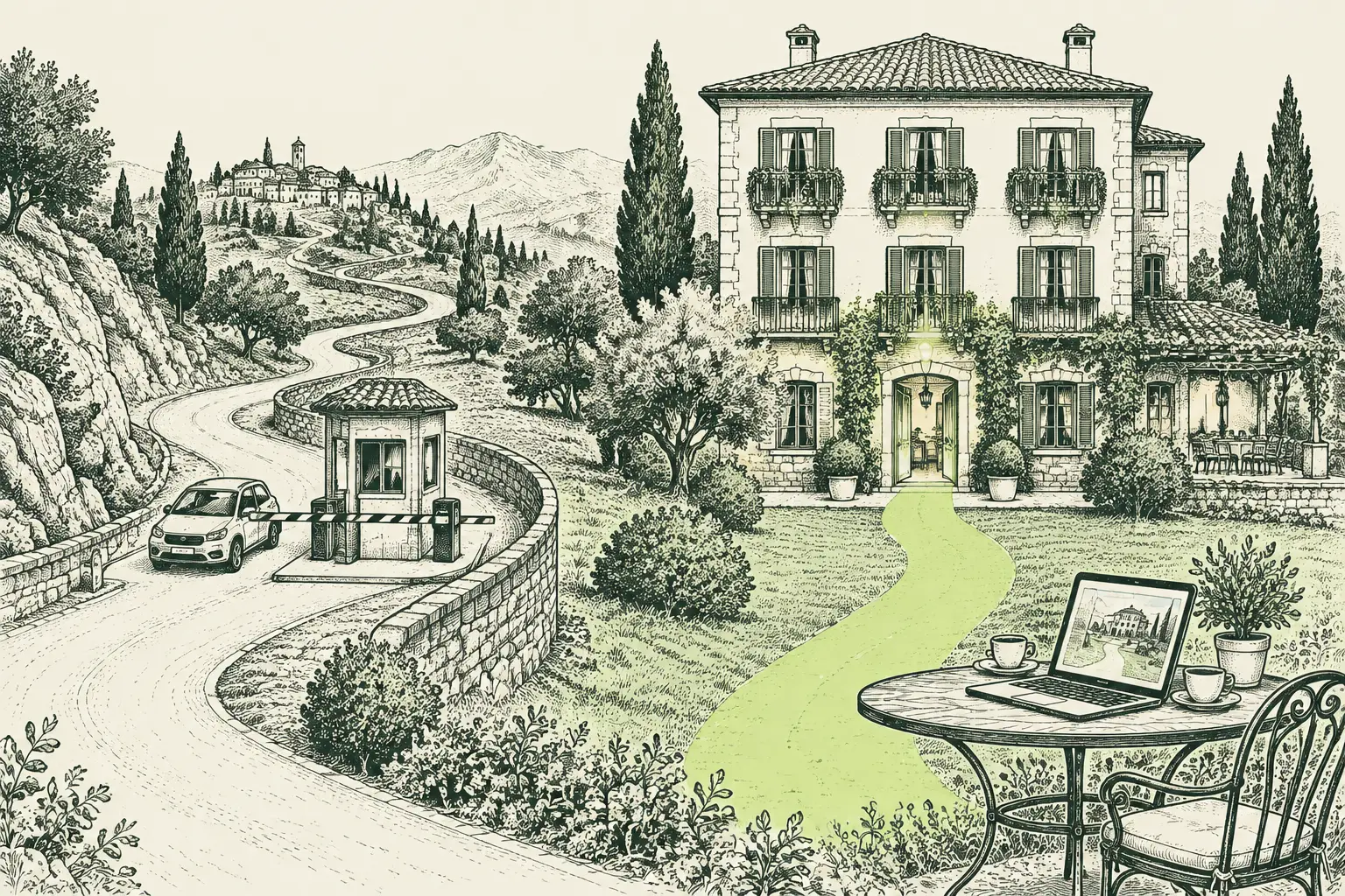 Ilustración a plumilla de la fachada de un hotel pequeño con dos caminos hasta la puerta: uno largo con peaje y otro corto y directo.