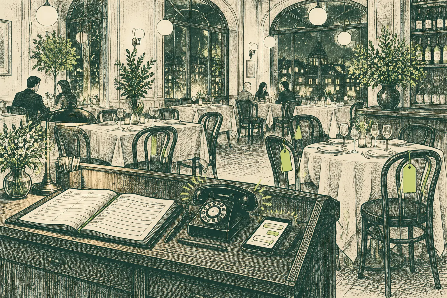 Ilustración a plumilla de un restaurante con el libro de reservas, un teléfono sonando y algunas mesas vacías.