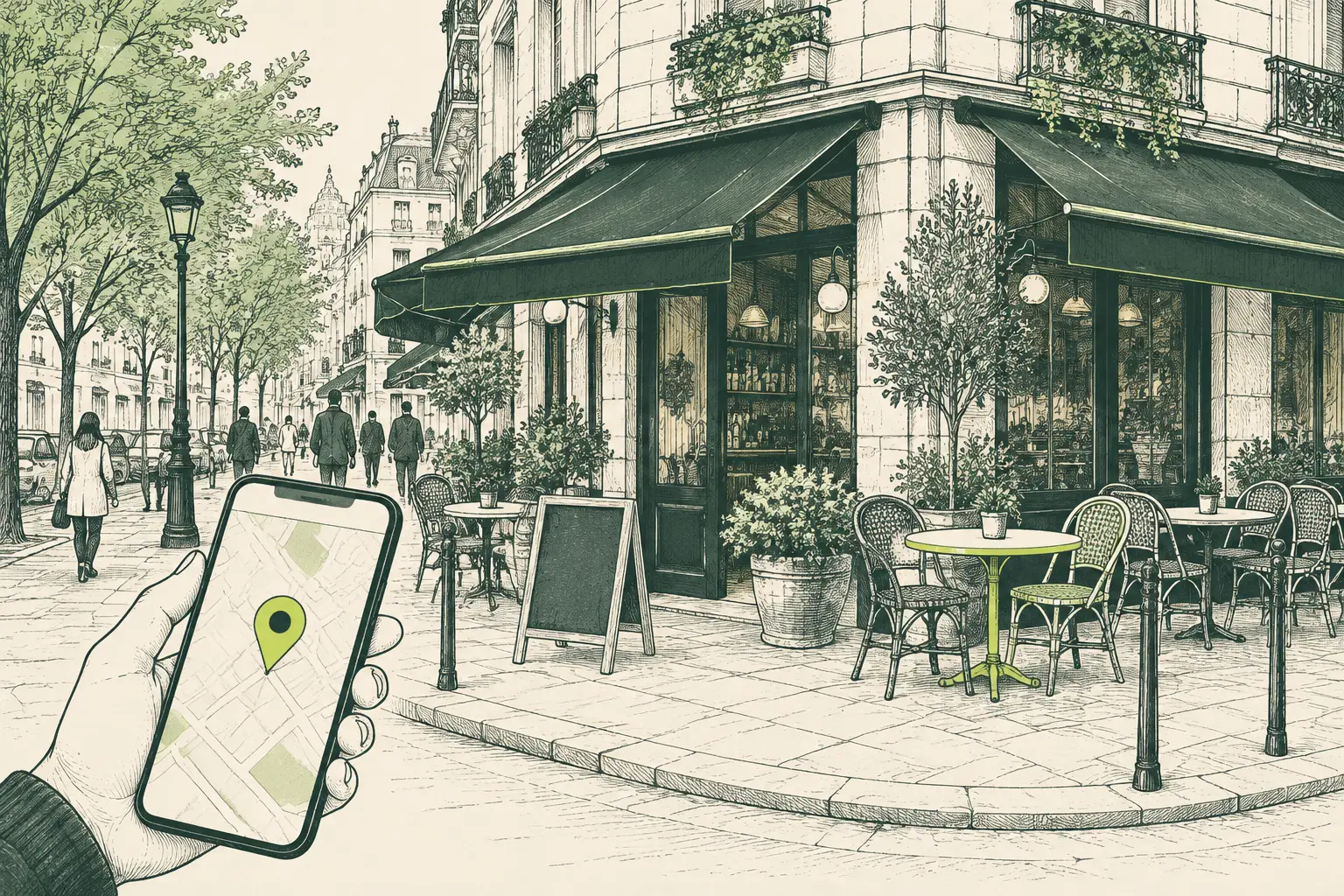 Ilustración a plumilla de un restaurante con terraza medio vacía entre semana y un móvil con un punto en el mapa.