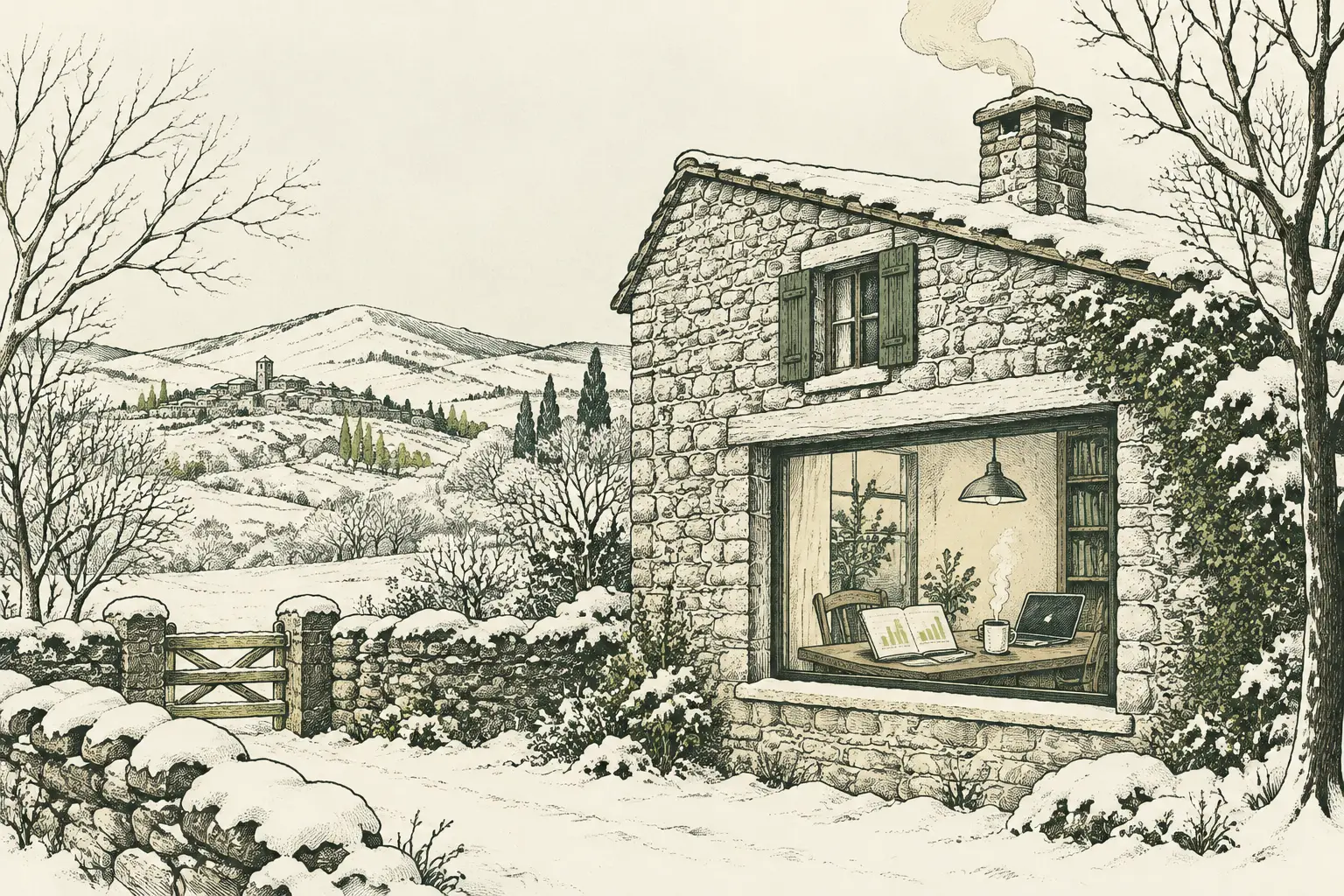 Ilustración a plumilla de una casa rural de piedra en invierno con una libreta de gráficos a mano junto a la ventana.
