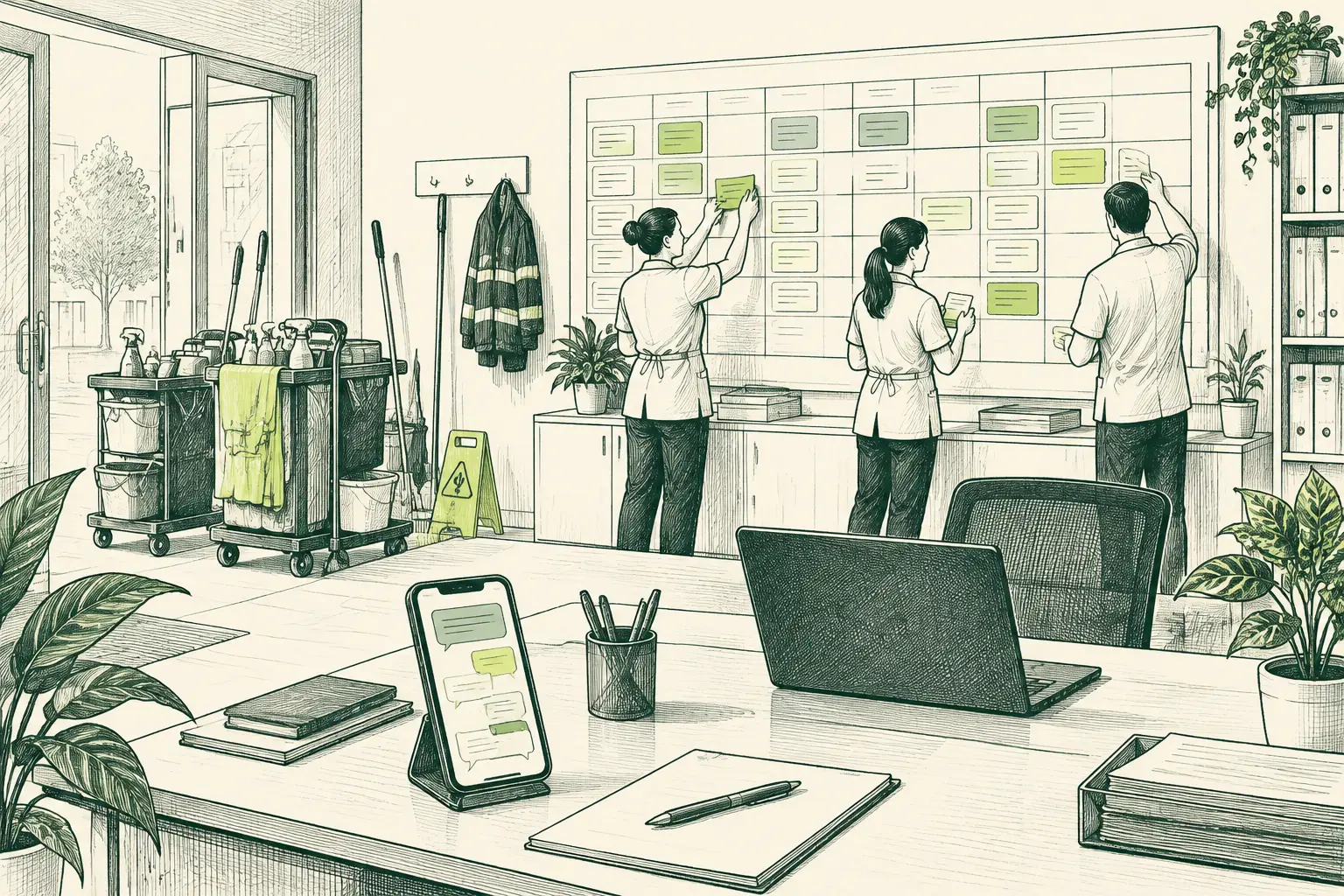 Ilustración a plumilla de la oficina de una empresa de limpieza con un gran cuadrante de turnos y un móvil lleno de mensajes.