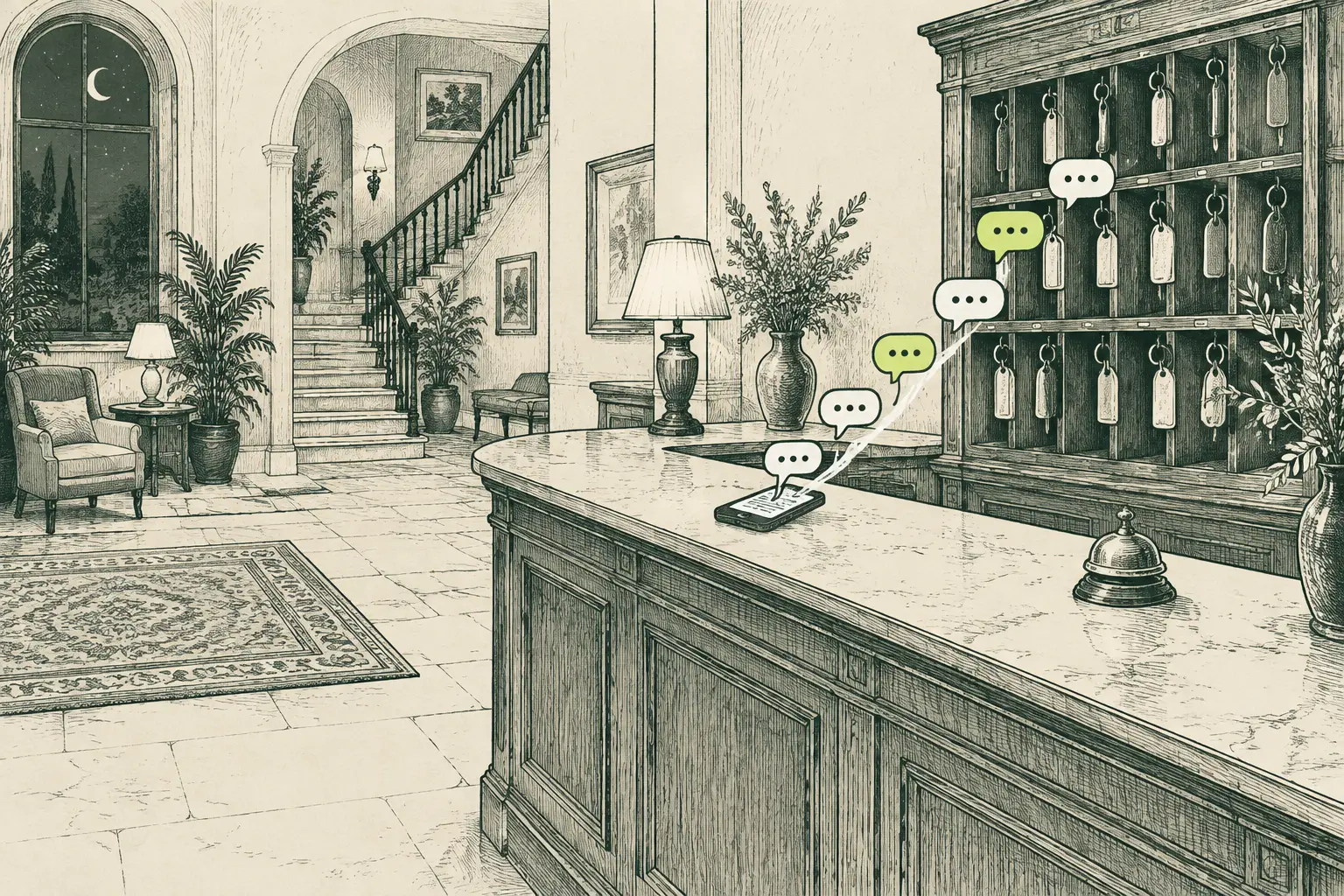 Ilustración a plumilla de la recepción de un hotel pequeño de noche, con un móvil del que salen mensajes hacia el tablero de llaves.
