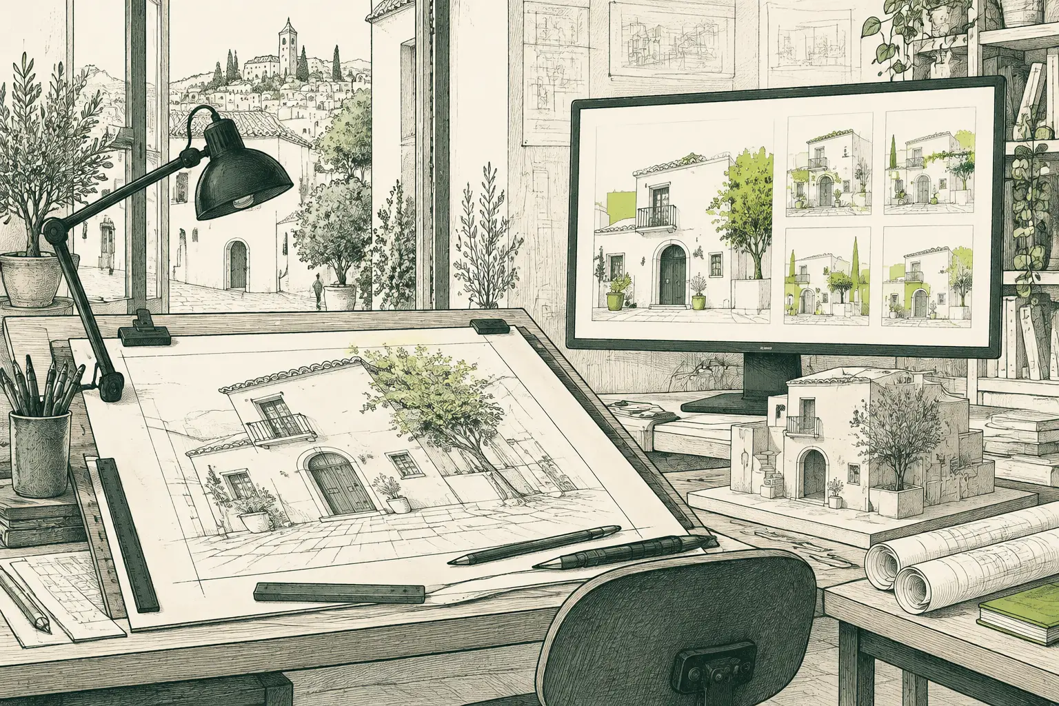 Ilustración a plumilla de un estudio de arquitectura con un boceto a mano, una maqueta y una pantalla con variaciones de una fachada.