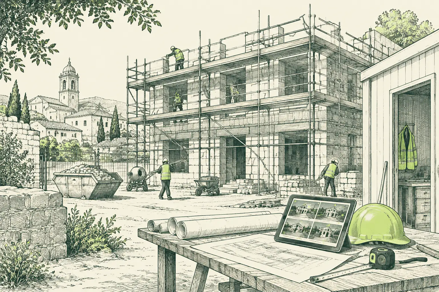 Ilustración a plumilla de una obra con andamios, una caseta con planos enrollados, una tableta con fotos de obra y un casco.