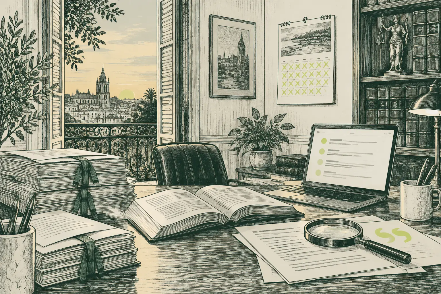Ilustración a plumilla de la mesa de un despacho de abogados con expedientes, un código abierto, un calendario con agosto tachado y una lupa sobre un documento.