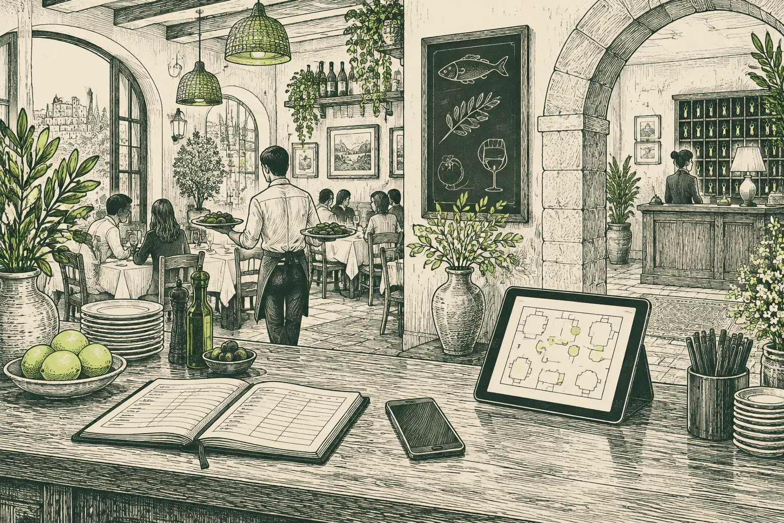 Ilustración a plumilla de la barra de un restaurante con libro de reservas, una tableta con el plano de mesas y una recepción de hotel al fondo.