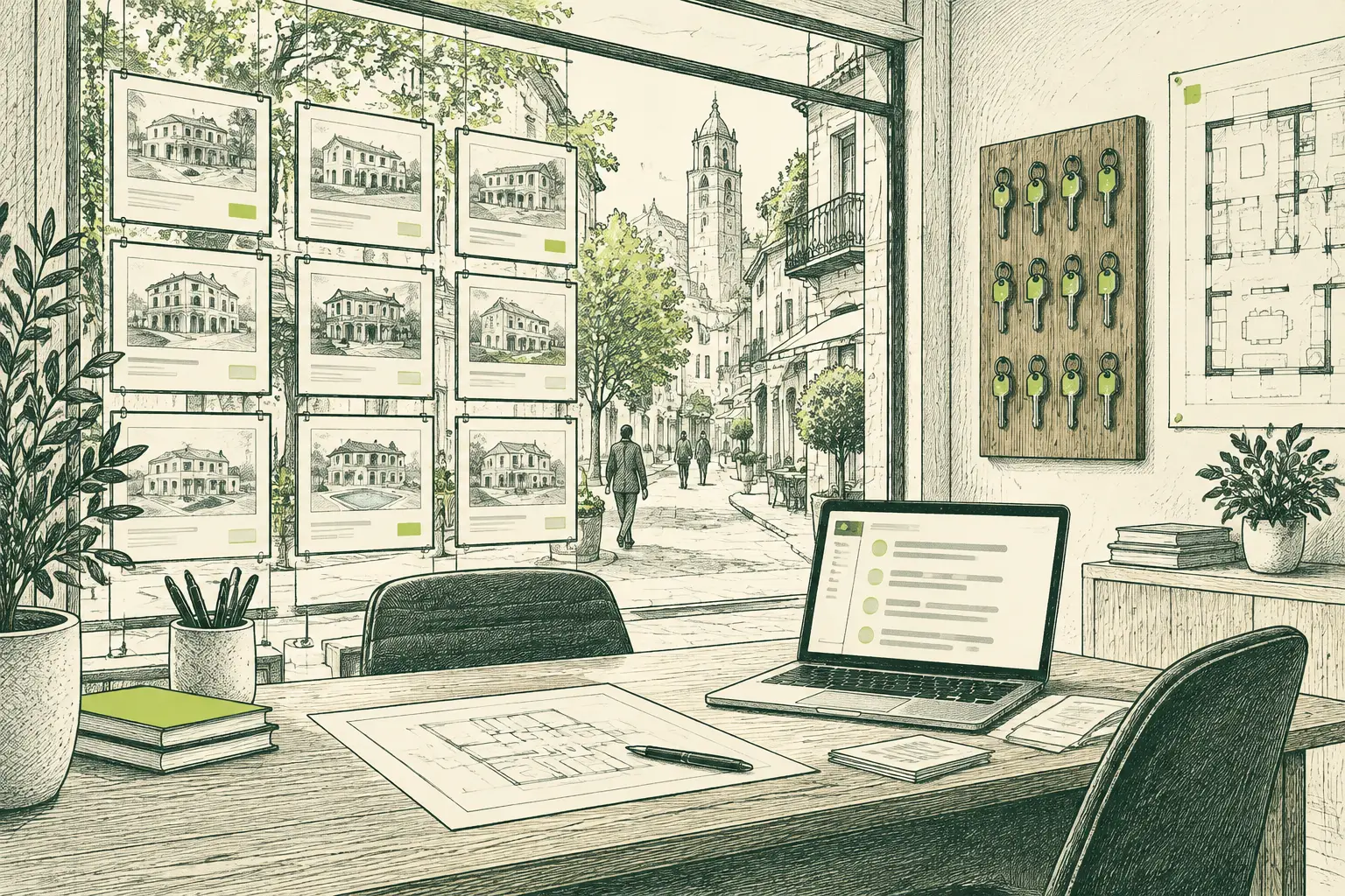 Ilustración a plumilla del interior de una inmobiliaria con fichas de viviendas en el escaparate, llaves en un tablero y un portátil con consultas.