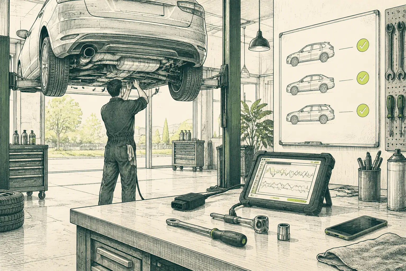 Ilustración a plumilla de un taller mecánico con un coche en el elevador, un lector de diagnóstico conectado a una tableta y una pizarra con el estado de los coches.